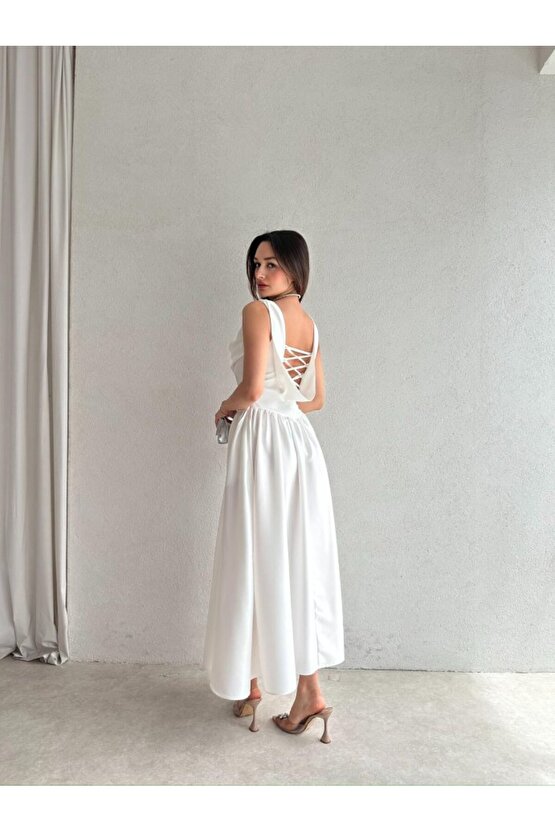 Kadın Sırt Detaylı Korse Formlu Pileli Uzun Saten Elbise