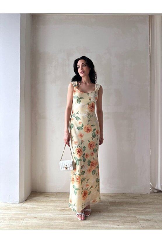 Kadın Astarlı Çiçek Desenli Uzun Tül Elbise
