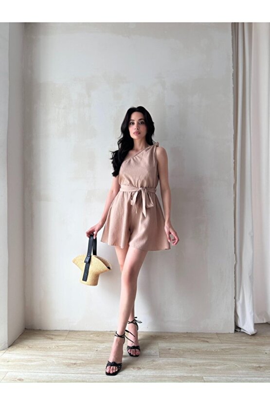 Kadın Tek Omuz Kuşaklı Mini Tulum