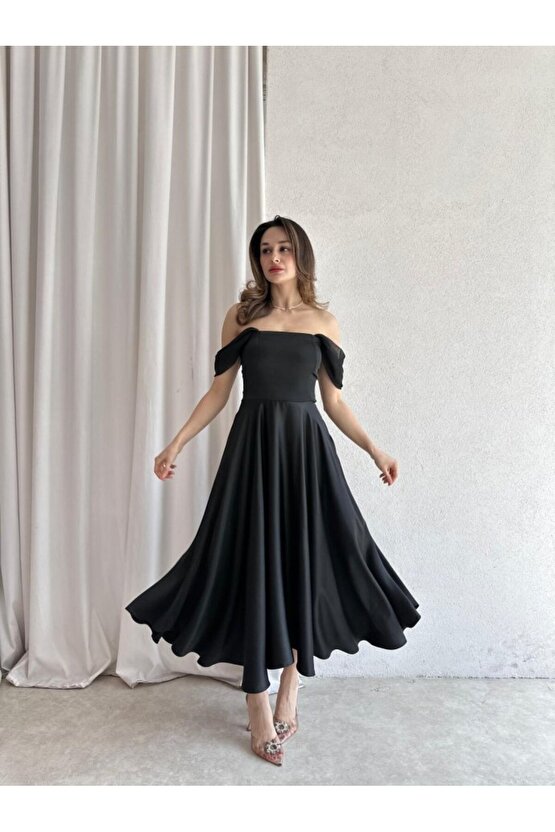 Kadın Ayarlanabilir Tül Kol Detaylı Midi Elbise