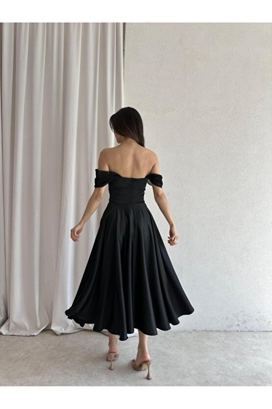 Kadın Ayarlanabilir Tül Kol Detaylı Midi Elbise