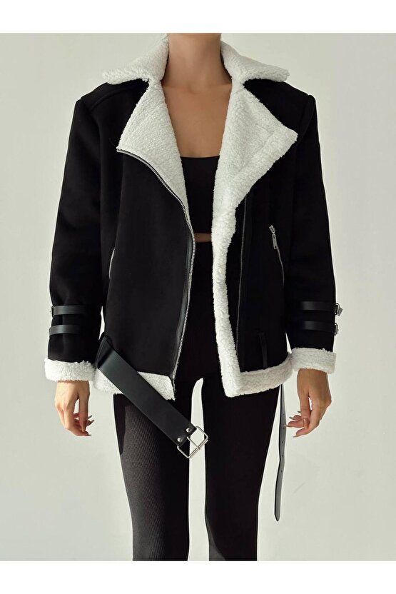 Kadın Süet İçi Pelüş Kemerli Kısa Nubuk Kaban