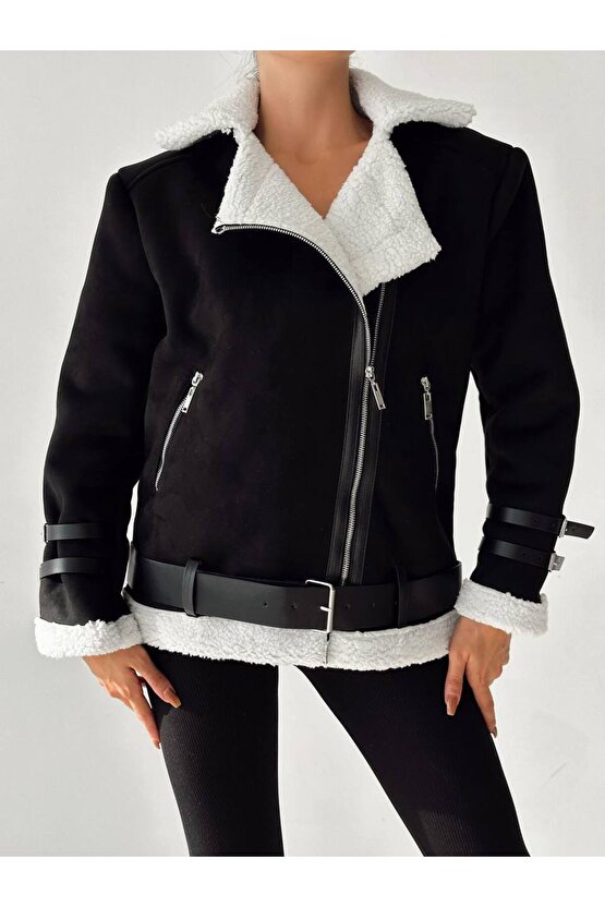 Kadın Süet İçi Pelüş Kemerli Kısa Nubuk Kaban