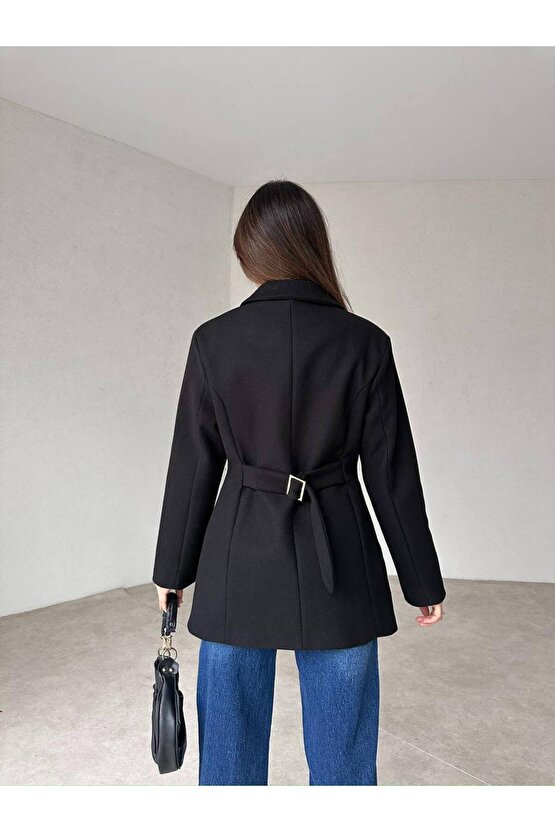 Kadın Yan Düğme Kaşe Kumaş Siyah Ceket Kaban