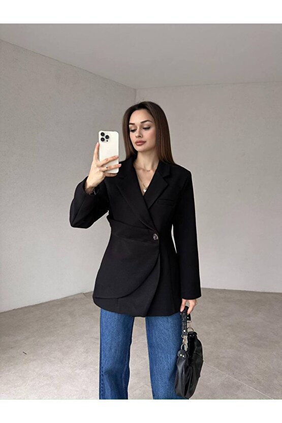 Kadın Yan Düğme Kaşe Kumaş Siyah Ceket Kaban
