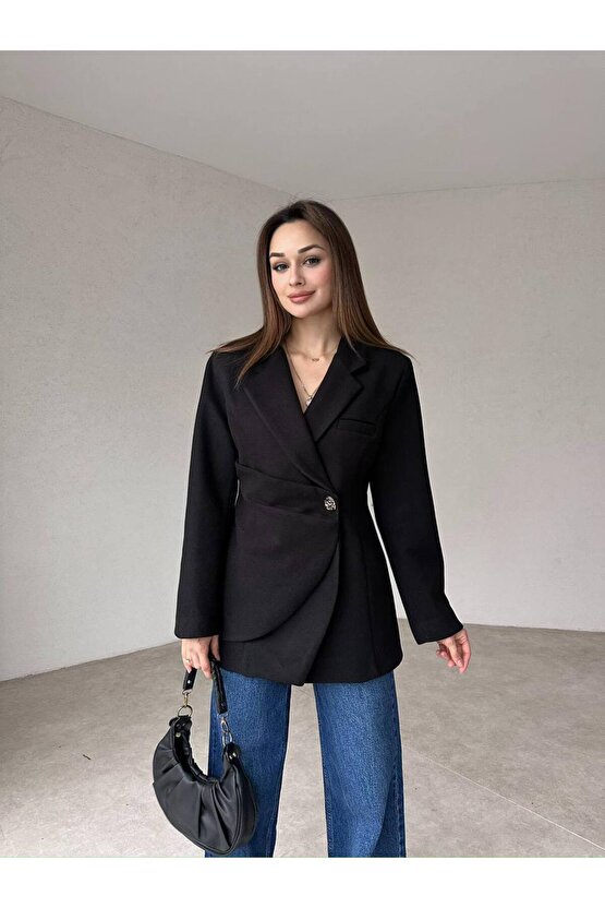 Kadın Yan Düğme Kaşe Kumaş Siyah Ceket Kaban