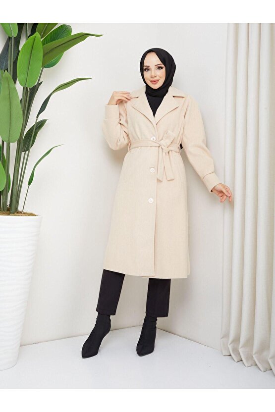Kol Detaylı Kaşe Kumaş Kuşaklı Düğmeli Krem Midi Boy Kaban