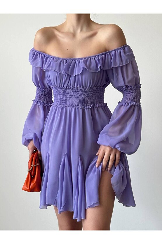 Gipe Detaylı Mini Lila Şifon Elbise