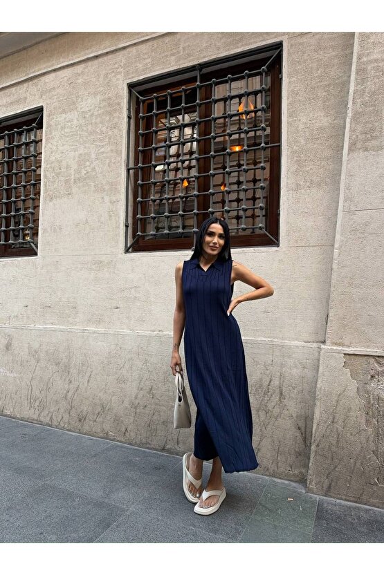 Gömlek Yaka Sıfır Kol Çizgi Desen Uzun Lacivert Triko Elbise