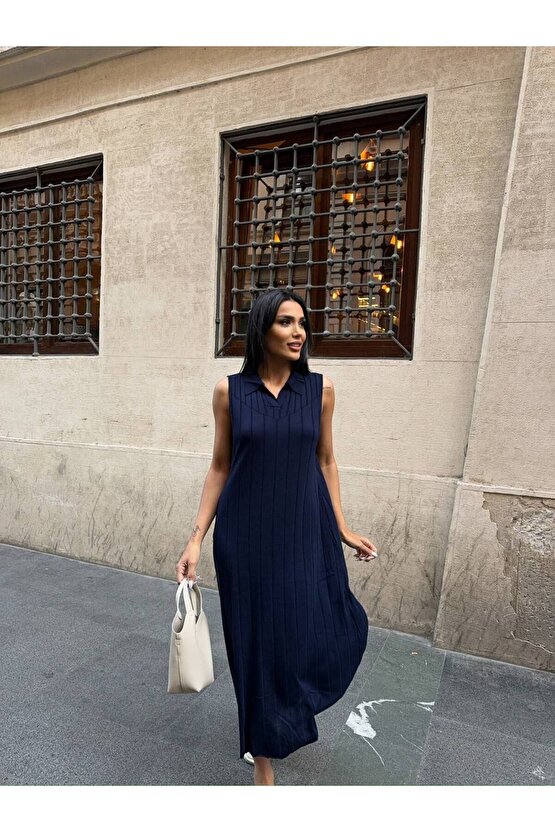 Gömlek Yaka Sıfır Kol Çizgi Desen Uzun Lacivert Triko Elbise