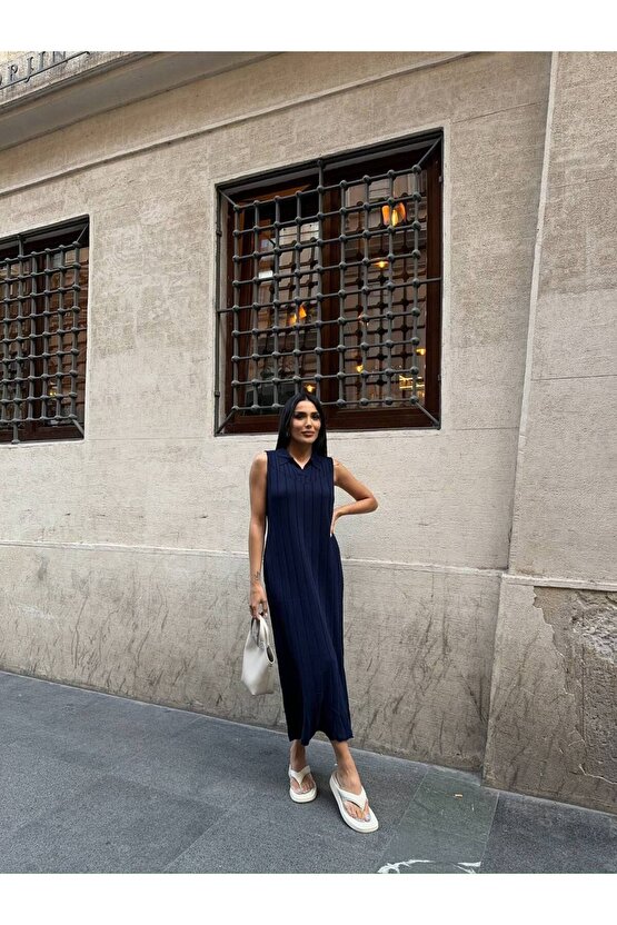 Gömlek Yaka Sıfır Kol Çizgi Desen Uzun Beyaz Triko Elbise