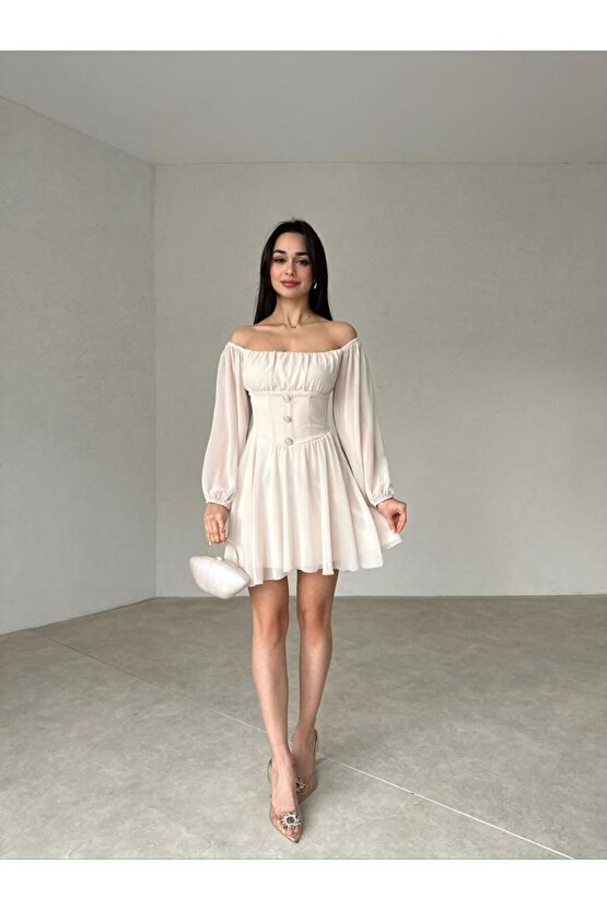Düğme Detaylı Mini Şifon Elbise