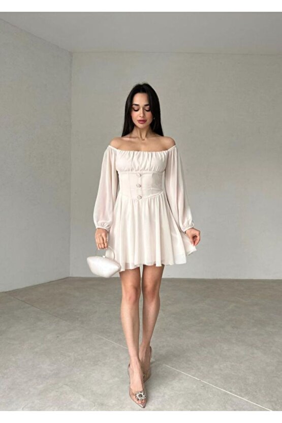Düğme Detaylı Mini Şifon Elbise