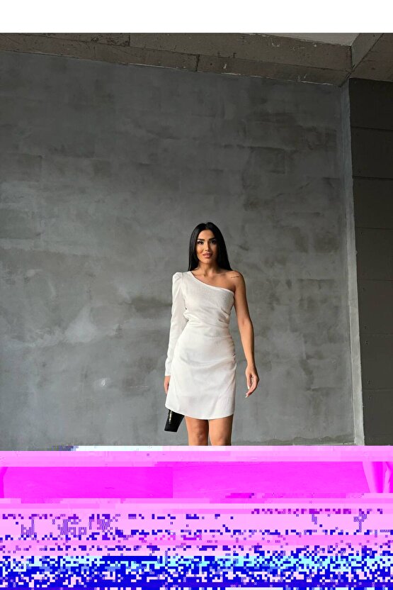 Tek Omuz Desenli Dantel Beyaz Elbise