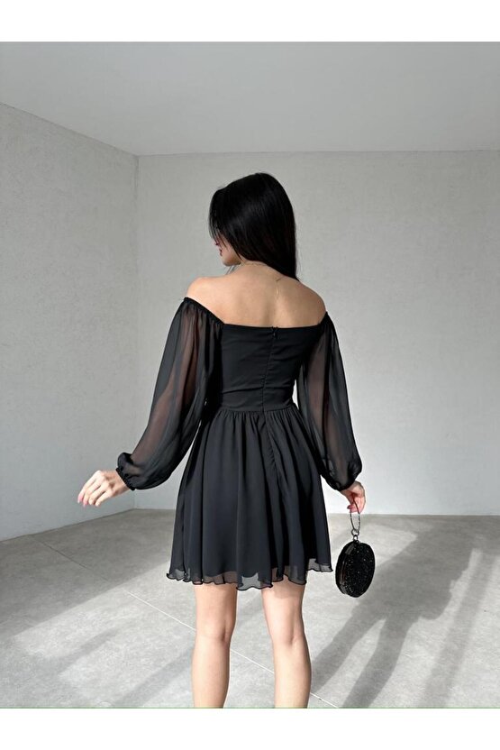 Düğme Detaylı Mini Şifon Elbise