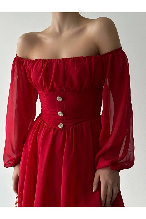 Düğme Detaylı Mini Şifon Elbise