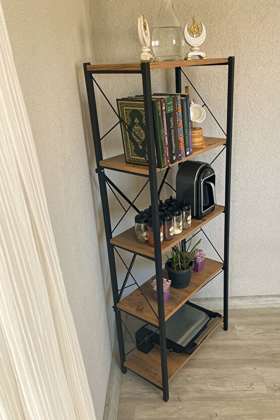 Metal Kitaplık 5 Raflı Çok Amaçlı Dosya Kitap Rafı Ofis Salon Atlantik Çam Raf