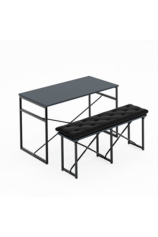Masa Takımı Bench Bank Minderli Masa Seti 120x60 Mutfak ve Yemek Masası Füme 1564