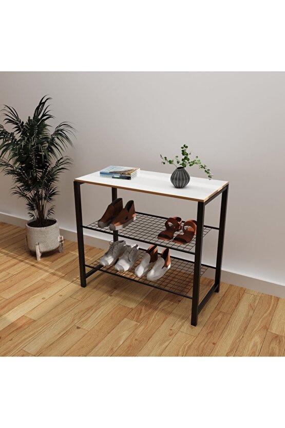 Geniş Metal Ayakkabılık Vestiyer 3 Katlı Ayakkabılık Beyaz 1361