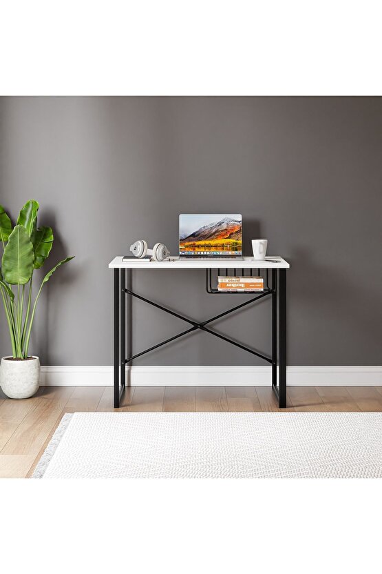 Bilgisayar Masası Raflı Çalışma Laptop Masası Beyaz 1342