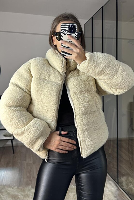 Kadın Oversize Peluş Kürk Mont Ekru - Teddy Şişme Sherpa Kaban