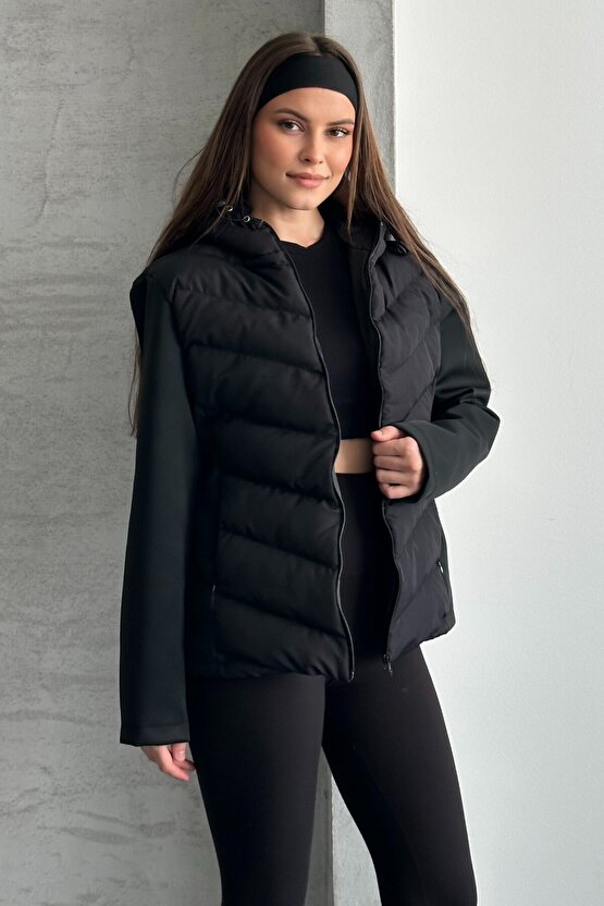 Kadın Siyah Kapüşonlu Termal Şişme Mont - ZR Range Rover Mom Kontrast Ceket