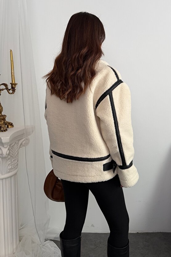 Kadın Deri Detaylı Oversize Peluş Mont - Premium Tasarım Biker Teddy Kaban Ceket