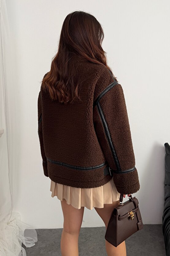 Kadın Deri Detaylı Oversize Peluş Mont - Premium Tasarım Biker Teddy Kaban Ceket