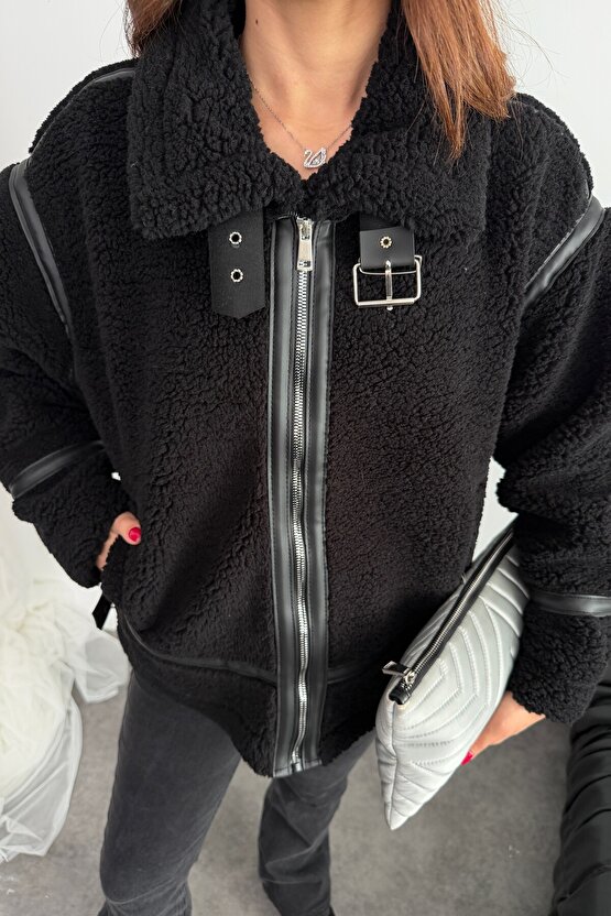 Kadın Deri Detaylı Oversize Peluş Mont - Premium Tasarım Biker Teddy Kaban Ceket