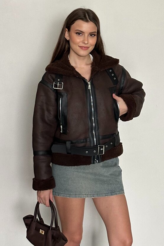 Kadın İçi Kürk Detaylı Kemerli Deri Mont - Kışlık Biker Peluş Astarlı Deri Ceket