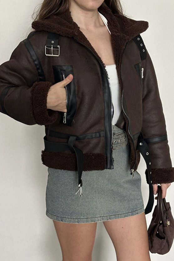 Kadın İçi Kürk Detaylı Kemerli Deri Mont - Kışlık Biker Peluş Astarlı Deri Ceket