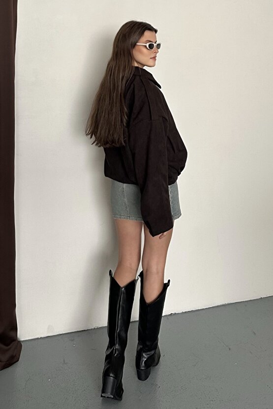 Kadın Oversize Süet Kahverengi Bomber Ceket - Yeni Sezon Günlük Şık Mont