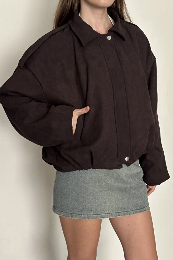 Kadın Oversize Süet Kahverengi Bomber Ceket - Yeni Sezon Günlük Şık Mont