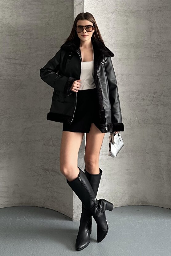 Kadın Siyah İçi İpek Kürklü Oversize Suni Deri Mont - Biker Shearling Ceket