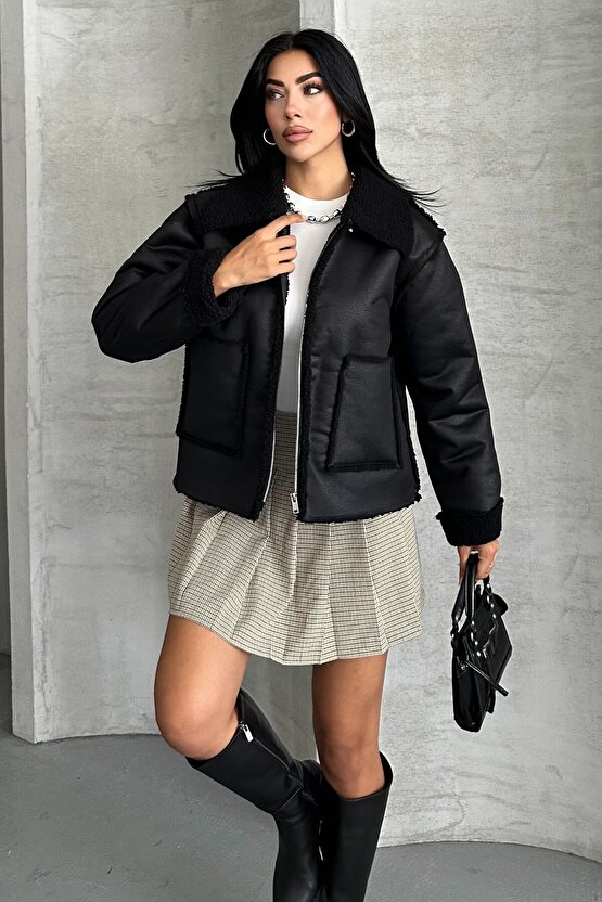 Kadın Suni Deri Mont – İçi Peluş Astarlı, Kışlık, Çift Cepli, Siyah Biker Oversize Ceket
