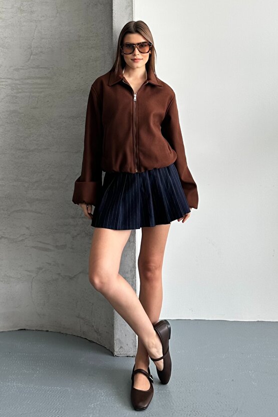 Kadın Oversize Bomber Ceket – Yumuşak Kaşe Dokulu, Mevsimlik, Casual Polar Mont