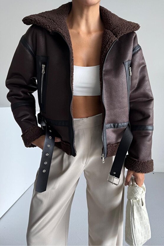 Kadın Kürk Astarlı Suni Deri Mont - Kahverengi Oversize Fermuarlı Kışlık Biker Ceket