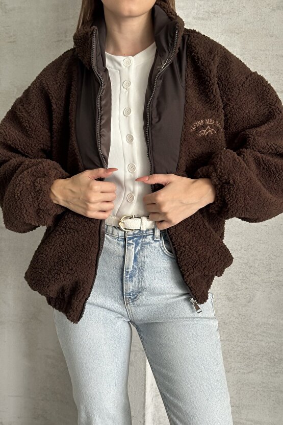 Kadın Oversize Peluş Bomber Ceket - Teddy Kahverengi Polar Mont