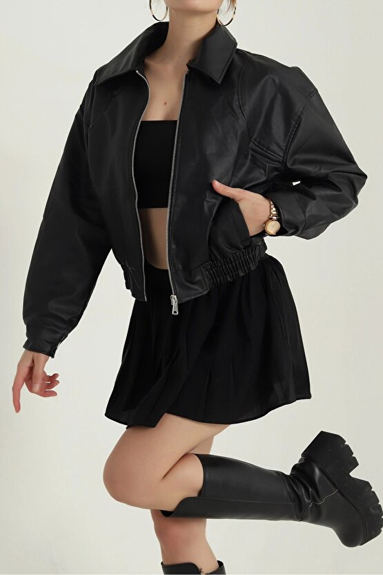 Kadın Deri Bomber Ceket - Yeni Sezon Oversize Crop Suni Deri Mont (Siyah  Kahverengi  Bordo)