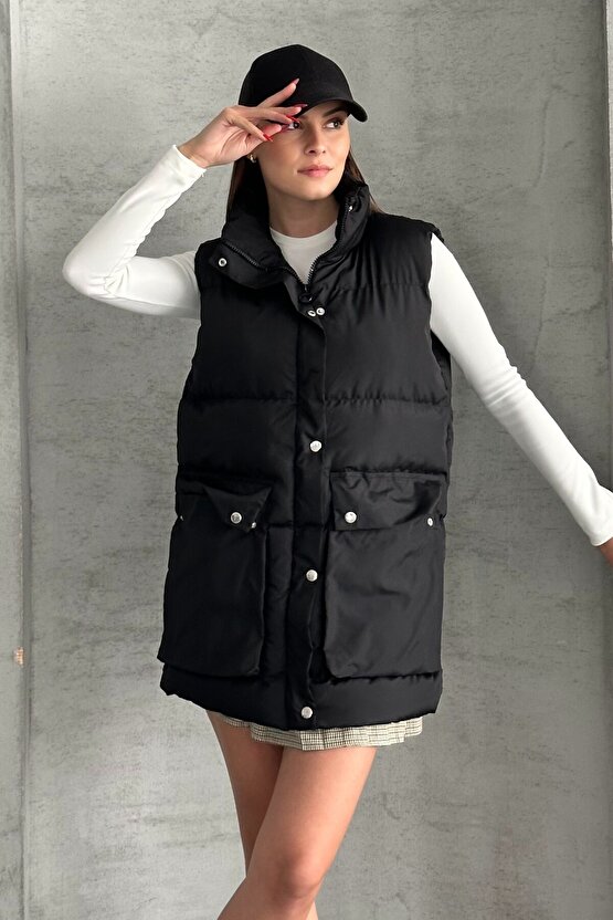 Kadın Şişme Yelek - Cepli Fermuarlı Günlük Şişme Yelek