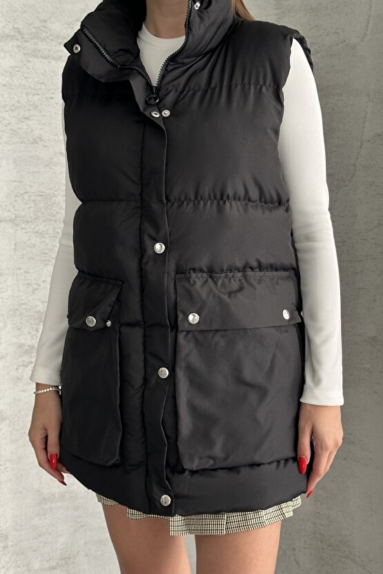 Kadın Şişme Yelek - Cepli Fermuarlı Günlük Şişme Yelek