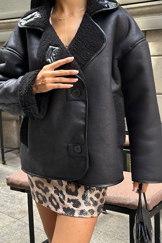 Kadın İçi Kürklü Oversize Süet Deri Mont - Peluş Astarlı Else Kışlık Ceket