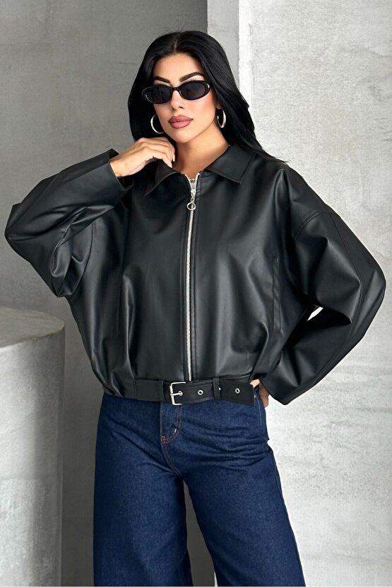 Kadın Oversize Bomber Suni Deri Ceket | Yeni Sezon Kemerli Biker Ceket