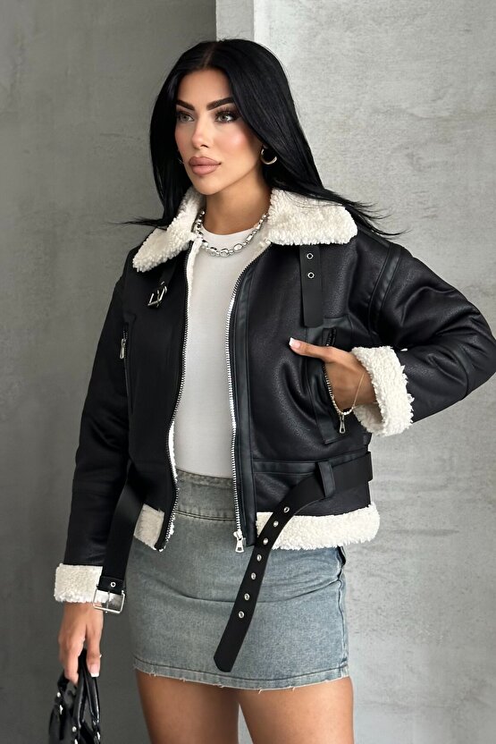 Kadın Kemerli İçi Kürklü Deri Mont - Biker Deri Ceket