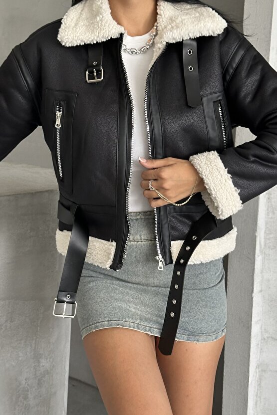 Kadın Kemerli İçi Kürklü Deri Mont - Biker Deri Ceket