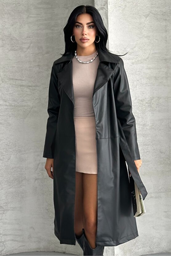 Kadın Deri Trençkot - Uzun Kuşaklı Şık Mevsimlik