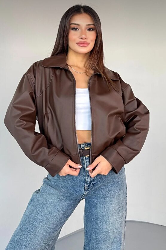 Yakalı Suni Deri Bomber Ceket