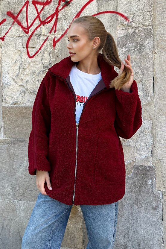Dik Yakalı Cepli Oversize Kadın Peluş Mont - Bordo