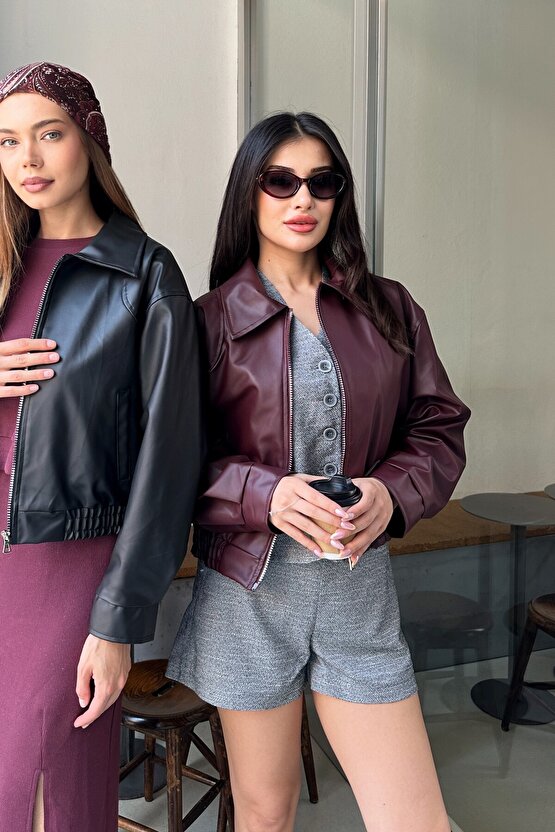 Yakalı Suni Deri Bomber Ceket