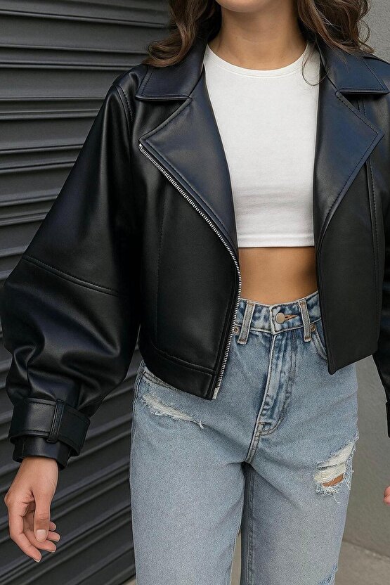 Balon Kol Siyah Deri Ceket